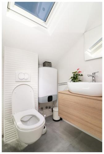 a bathroom with a white toilet and a sink at House Gambin in Primošten