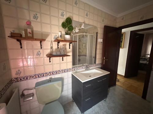 een badkamer met een toilet, een wastafel en een spiegel bij Casa campo de 3 habitaciones con parcela in Villamayor