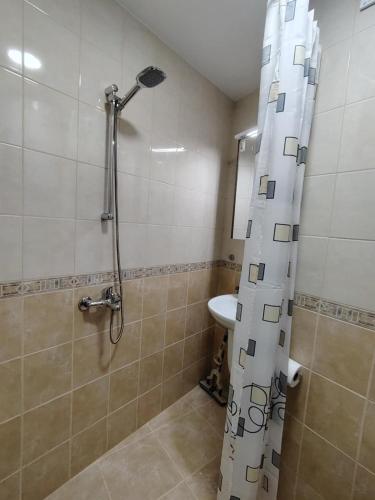 un bagno con doccia con tenda da doccia di Apartament Khan Kubrat a Sandanski