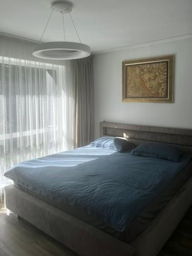 a bedroom with a large bed and a window at Hipodromo street Palanga in Palanga