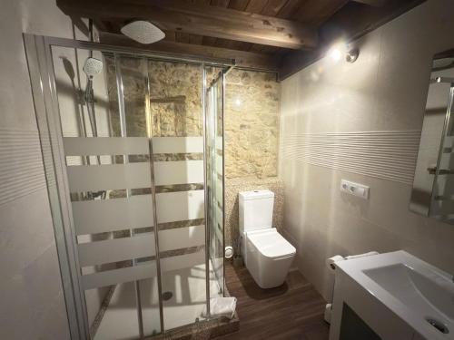 a bathroom with a shower and a toilet and a sink at A de Pepita, Rural House in Padrón in Padrón