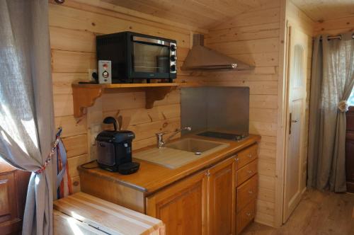 eine kleine Küche mit einer Spüle und einer Mikrowelle in der Unterkunft Le Pont Rouge Roulotte in Sylvéréal