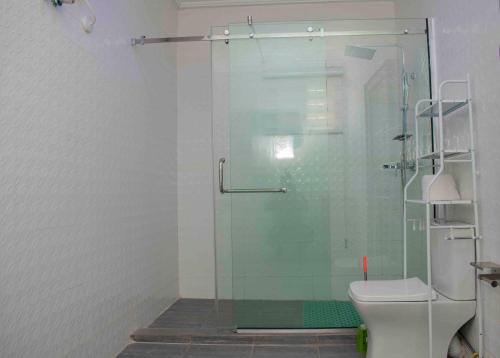 a glass shower in a bathroom with a toilet at Deluxe Indulgence Hotel & Suites in Mama