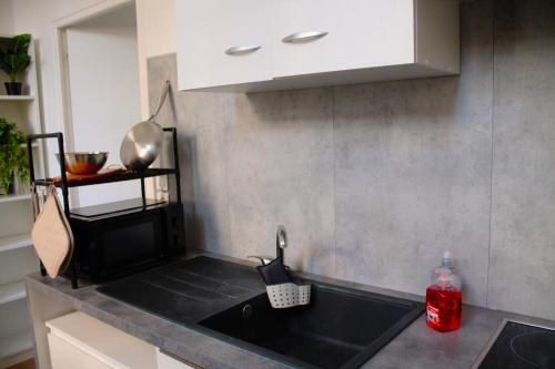 a kitchen with a sink and a white cabinet at L'écho de Saint-Michel - Dijon in Dijon