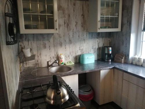 una cucina con lavello, piano cottura e armadietti di Mieszkanie dla firm a Gorzów Wielkopolski