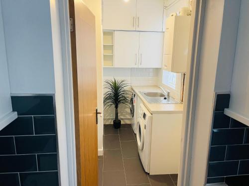 a kitchen with white cabinets and a sink and a plant at cozy & stylish one bedroom apartment in Leicester
