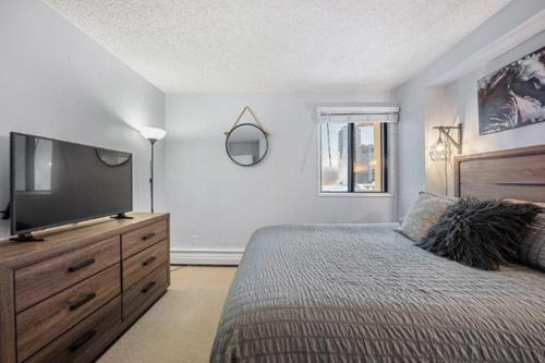 a bedroom with a bed and a flat screen tv at Cozy & Spacious 2BR in Downtown very close to Stampede and 17th Ave with Parking and AC in Calgary