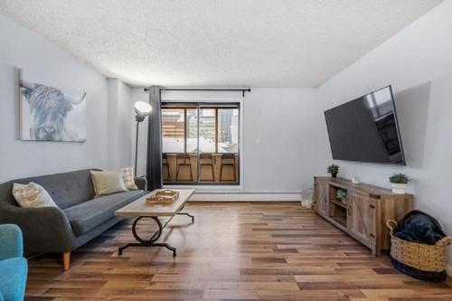a living room with a couch and a tv at Cozy & Spacious 2BR in Downtown very close to Stampede and 17th Ave with Parking and AC in Calgary