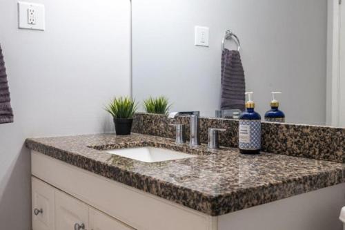 a bathroom counter with a sink and a mirror at Cozy & Spacious 2BR in Downtown very close to Stampede and 17th Ave with Parking and AC in Calgary