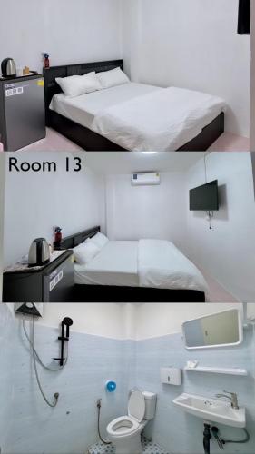 two pictures of a bedroom with a bed and a bathroom at Baan alisa 13 in Nonthaburi