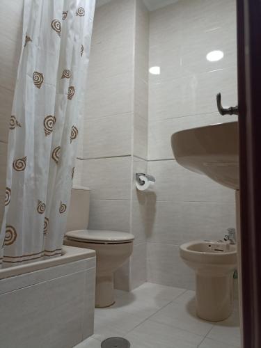 a bathroom with a toilet and a sink and a shower curtain at Ribadesella Centro, El trasiegu in Ribadesella