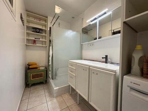 eine kleine weiße Küche mit Spüle und Dusche in der Unterkunft Maison de charme, pleine nature in Saint-Côme-et-Maruéjols