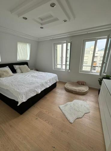 a bedroom with a large bed and some windows at Tolle Wohnung mit Seeblick! in Rorschach
