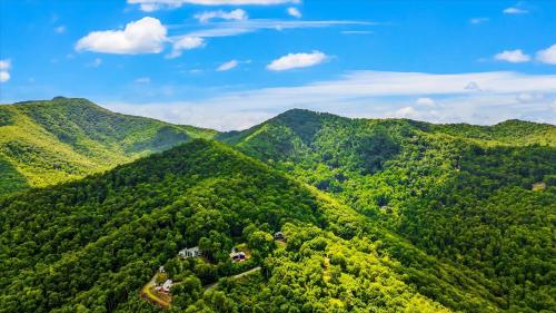 an aerial view of a forested mountain with houses at Sky View - Luxury Mountain Golf Home in Whittier