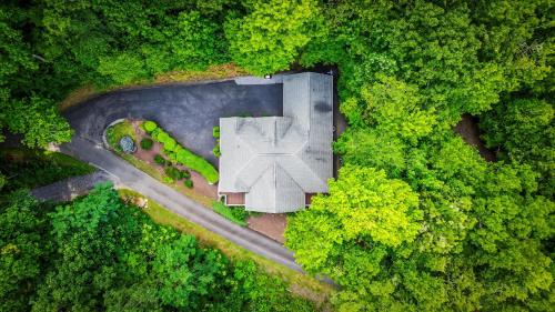 an aerial view of a monument in the middle of a forest at Sky View - Luxury Mountain Golf Home in Whittier