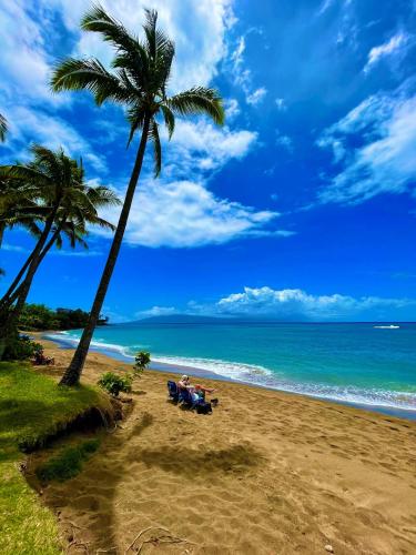 people sitting under a palm tree on a beach at Maui Makai Condo - Completely renovated 1 bedroom 1 bath condo, just steps away from Kahana Beach in Kahana