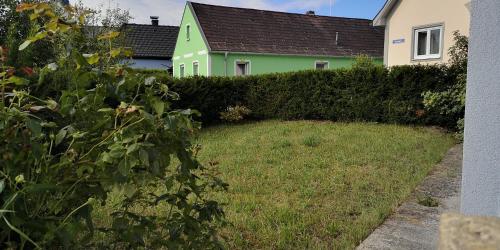 a green house with a hedge in front of a yard at Casa Domingo - Oase im Herzen des Waldviertels in Schwarzenau