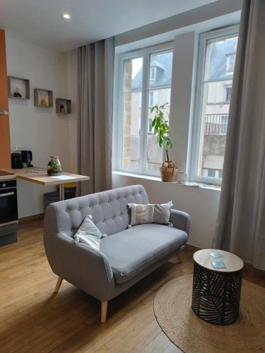 a living room with a couch in front of a window at Joli appartement F2 hyper centre in Coutances