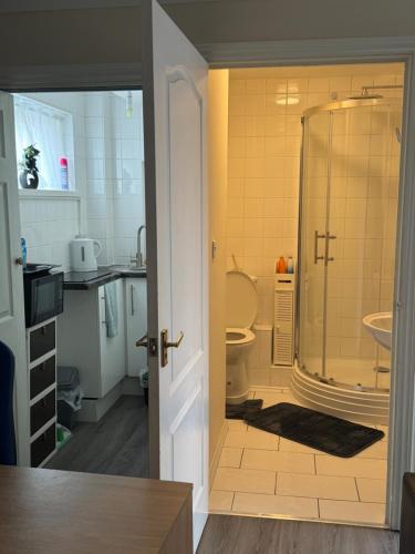 a bathroom with a shower and a toilet at Fully en-suite with kitchen 