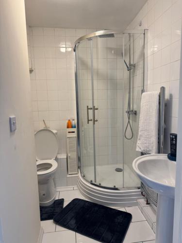 a bathroom with a shower and a toilet and a sink at Fully en-suite with kitchen 