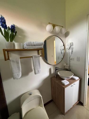 ein Badezimmer mit Toilette, Waschbecken und Spiegel in der Unterkunft Suite Palm in Palma