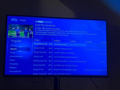 a television screen with the stats of a game at Quiet studio flat near University & QMC, King size bed in Nottingham