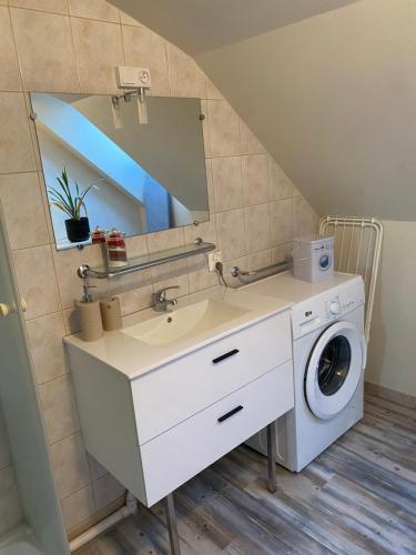 a bathroom with a sink and a washing machine at Appartement centre ville in Ussel