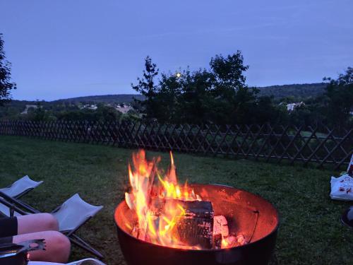 a fire pit with flames in a yard at Logement en pleine nature à la campagne in Saint-Cyr-sur-Morin