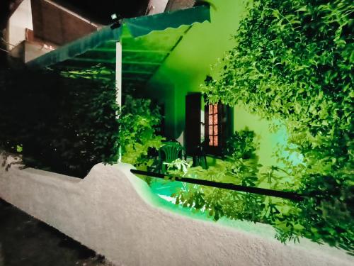 a balcony with a green wall with a garden at Akrata Golden Beach House in Aíyira