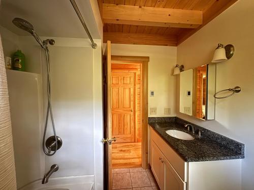 a bathroom with a shower and a sink at Casco Cabin Freeport in Freeport