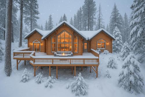 a log cabin in the woods in the snow at Sunset Mountain Hot Tub, Fire Table, Epic Views in Shaver Lake