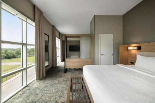 a bedroom with a bed and a desk and windows at SpringHill Suites by Marriott Roanoke in Roanoke