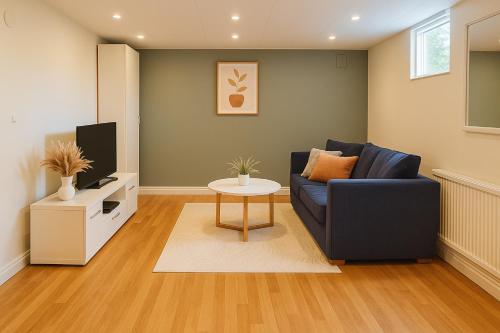 a living room with a blue couch and a tv at Calm Condo in villa area near nature in Vendelsö