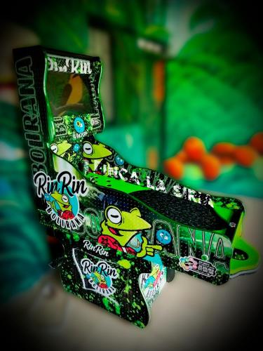 a close up of a skateboard with stickers on it at Finca La Siria in Pereira