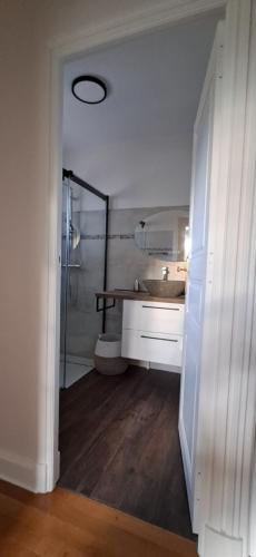 a bathroom with a glass shower and a sink at L'abri gascon in Auch