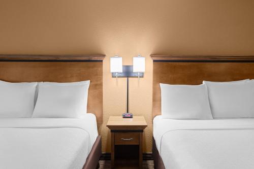 a hotel room with two beds and a lamp at Country Inn Two Harbors in Two Harbors