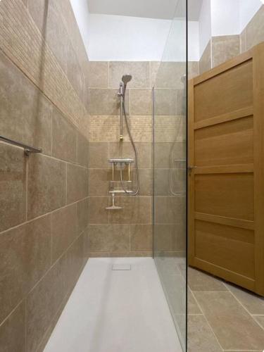 a shower with a glass door in a bathroom at Confort et élégance au cœur de Florac in Florac Trois Riviere