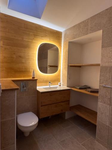 a bathroom with a toilet and a sink and a mirror at Confort et élégance au cœur de Florac in Florac Trois Riviere