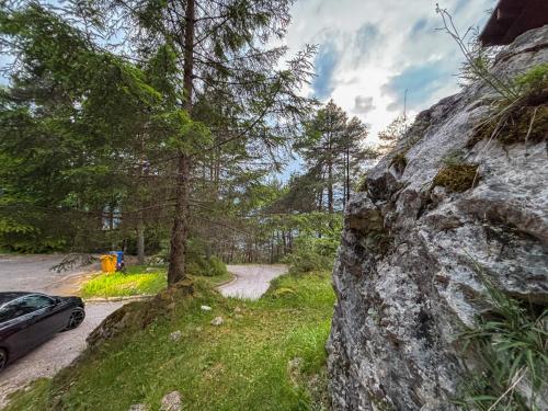 a car parked on a dirt road next to a rock at Chalet Auralpina near Cortina Olympics Games 2026 in Borca di Cadore