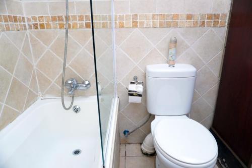a bathroom with a toilet and a shower at The olive stay at Edwardian unit F7 in Port Edward