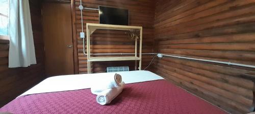 Un dormitorio con una cama con una pared de madera. en Cabañas PLÉYADES, en Charbonier
