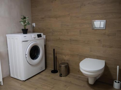 a bathroom with a washing machine and a toilet at Pokoje Paderewskiego 34 in Puck