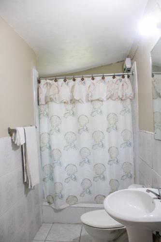 a bathroom with a shower curtain and a sink at 2BR Villa Ocean Views Beach 5mins to Airport in Boscobel