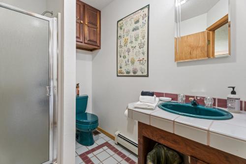 a bathroom with a blue toilet and a sink at Jocko River Retreat - A Nature Lovers Dream in Arlee