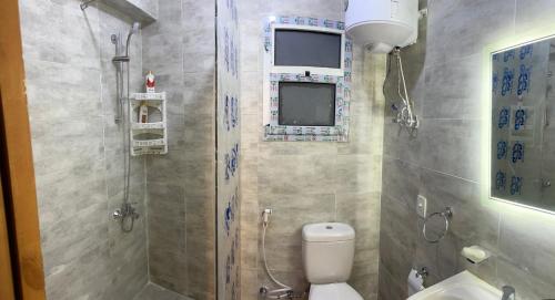 a small bathroom with a toilet and a shower at Mountain View Resort Chalet in Ras El Hekma in Ras Elhekma