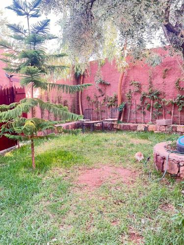 a garden with a red wall and a tree at Beyond Atlas Mountains in Tahannout