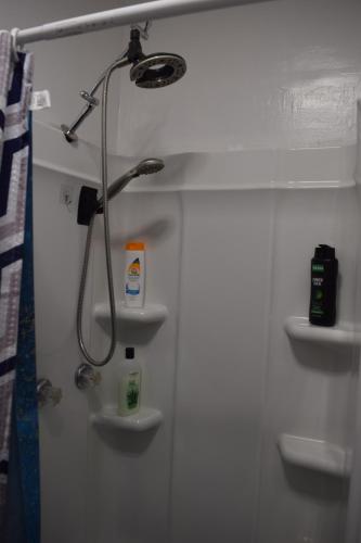 a bathroom with a shower with two shelves and a sink at Drip Star Life Hostel Miami 3 in Parkway Regional Medical Center Heliport