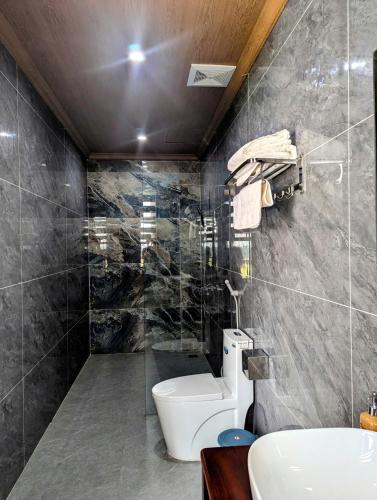 a bathroom with a toilet and a sink at Daisy's Villa TamCoc in Vũ Lâm