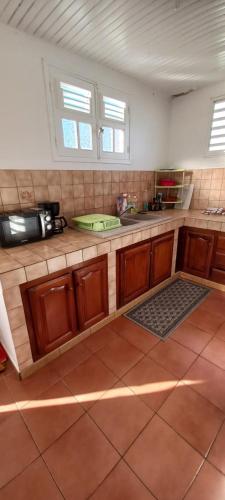 a kitchen with a counter with a sink and two windows at Belvilla in Le Robert