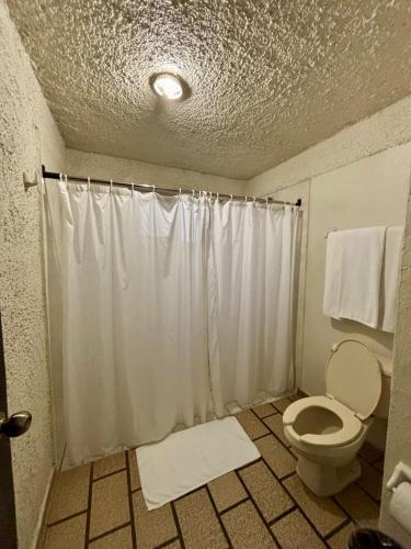 a bathroom with a shower with a toilet and towels at Hotel Plaza in Tepatitlán de Morelos